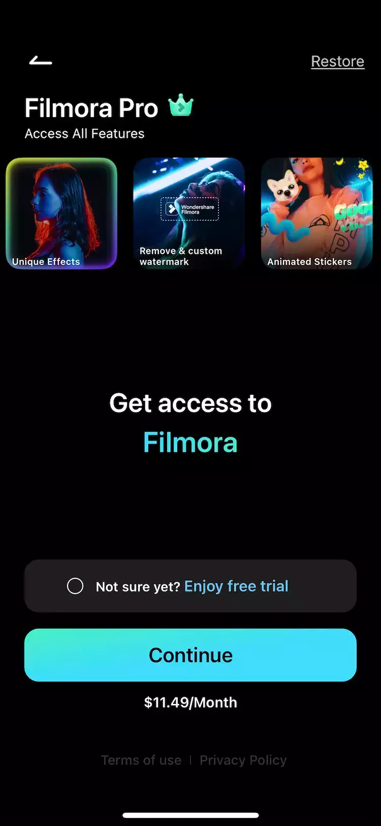A mobile paywall design example by Filmora - Video Editor, Maker from the Photo and Video category