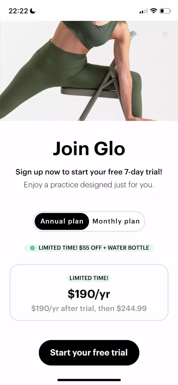 A mobile paywall design example by Glo | Yoga and Meditation App from the Health & Fitness category